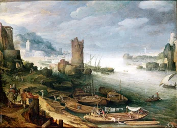 Flusslandschaft mit einem zerstörten Turm